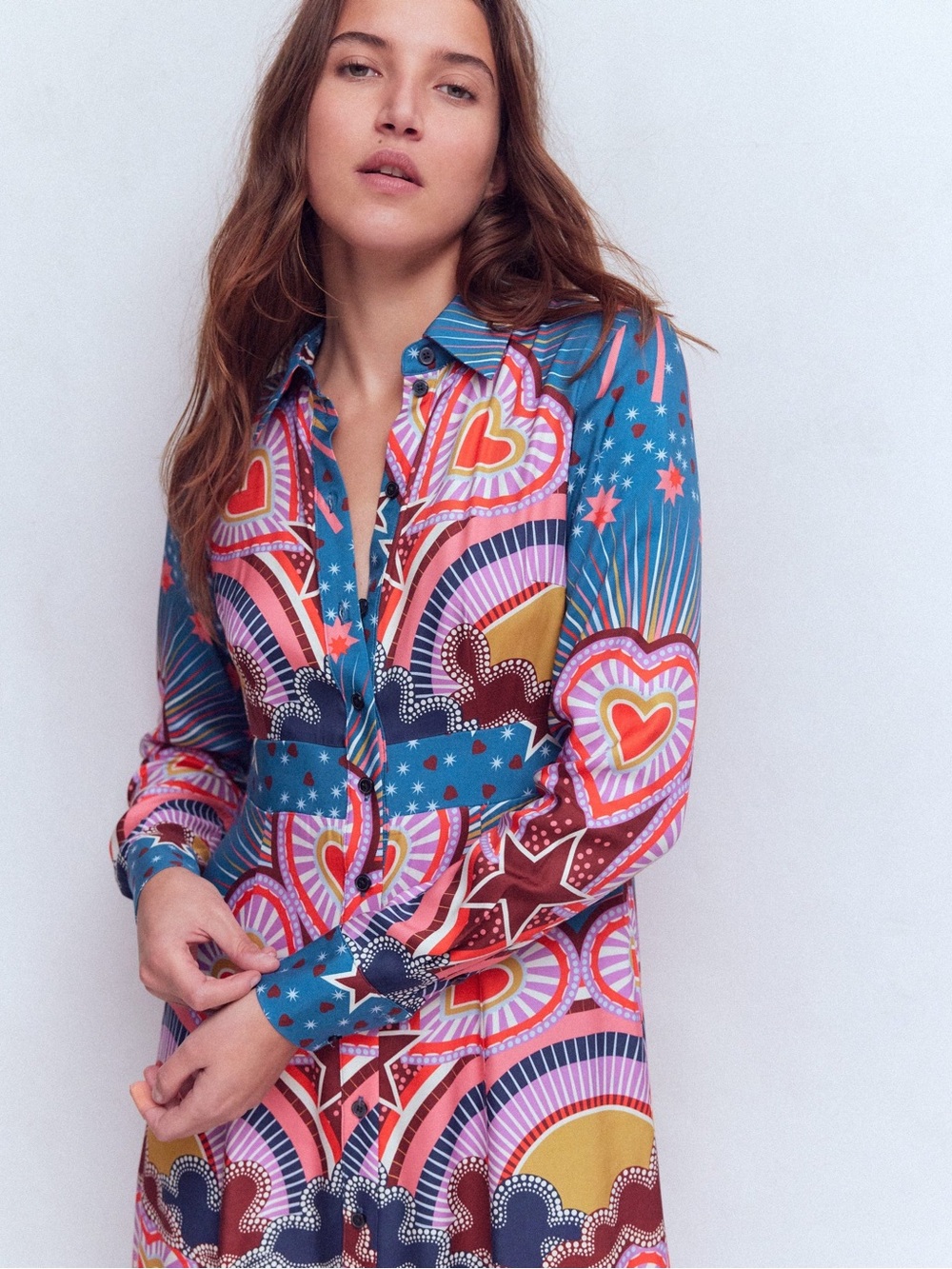 Boden Empire Hotched Shirt Dress Starburst Heart Print Midi US 4P Button Front - Picture 3 of 10